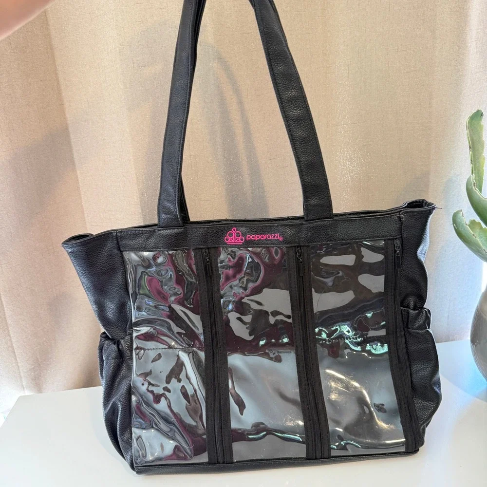 Paparazzi Accessories Black Faux Leather Clear Window Jewelry Display Tote Bag